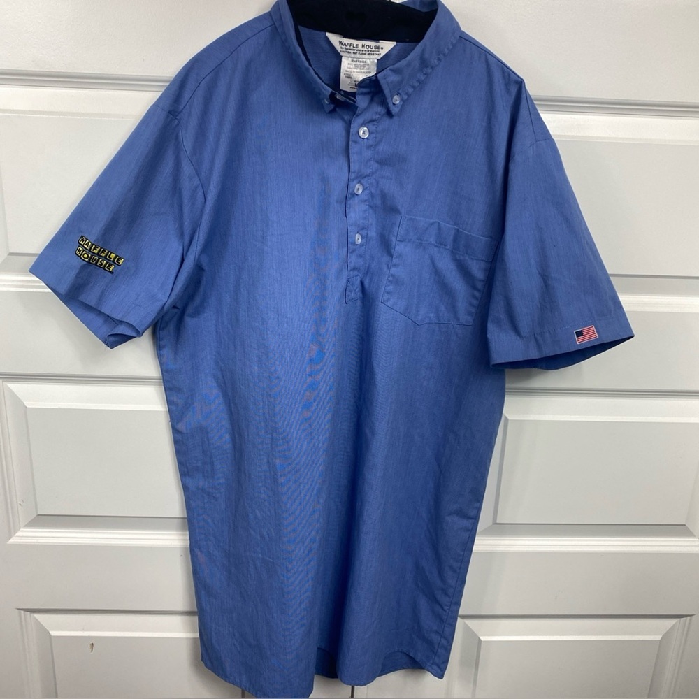 Waffle House Uniform Shirt USA Flag Short Sleeve Long Blue Quarter Button Med